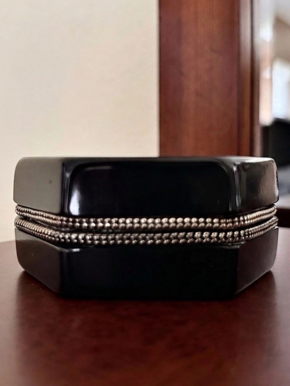 Anne Fontaine Hexagonal Black Wood Bangle Bracelet with Chain Detail
